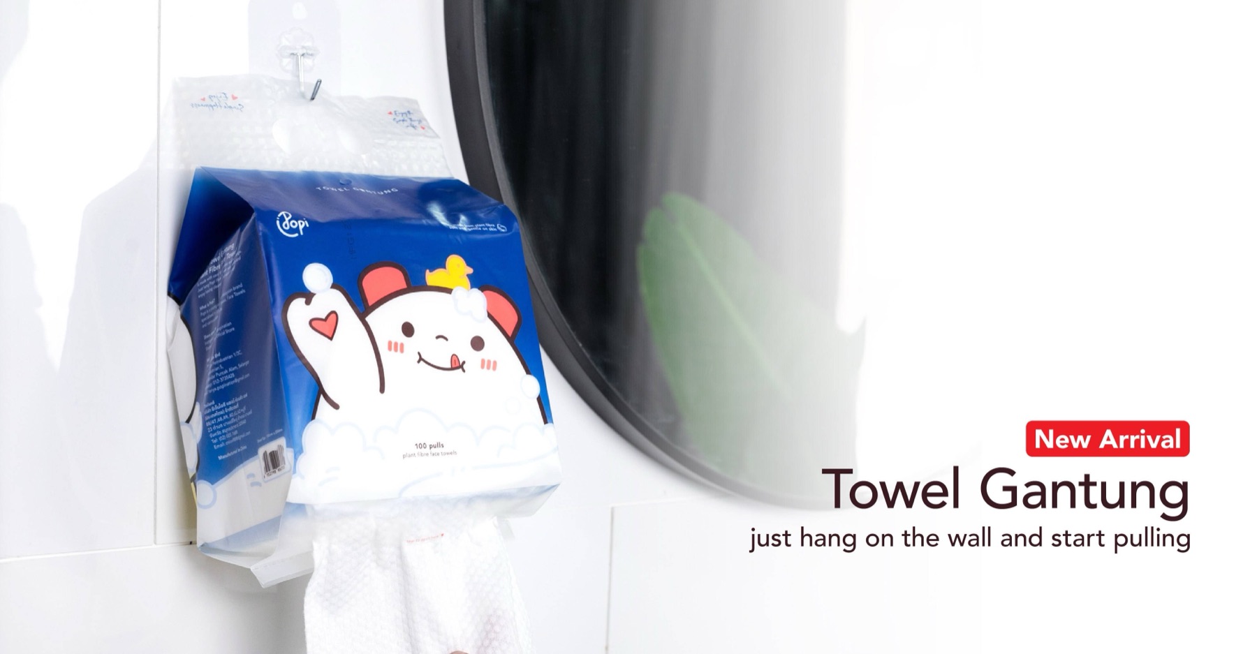 Popi Towel Gantung, a face-towel pack hanging on a bathroom wall